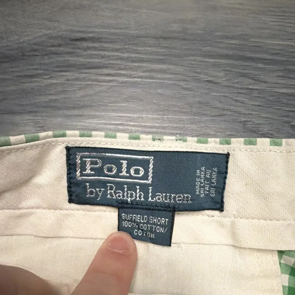 Polo by Ralph Lauren Suffield Short Green/White Gingham Cotton Flat Front 34w